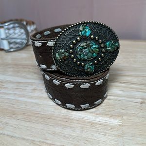 Coldwater Creek Leather Belt w/ suade  around belt & turquoise chips on buckle